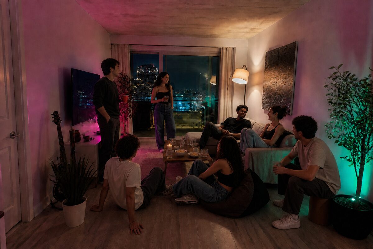 The same apartment after the move: everyone pulled into one circle by the window, overhead light off