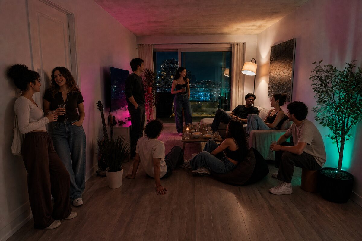 A friday-night apartment party lit in pink and green, scanned by FARMED